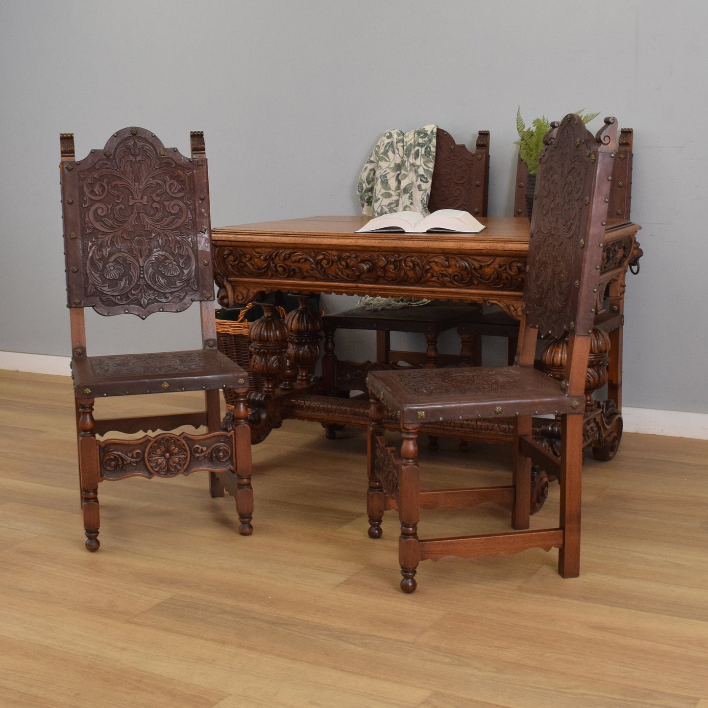 Carved Oak Table and Four Chairs