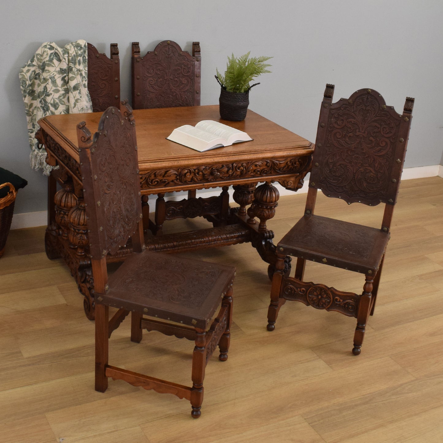 Carved Oak Table and Four Chairs