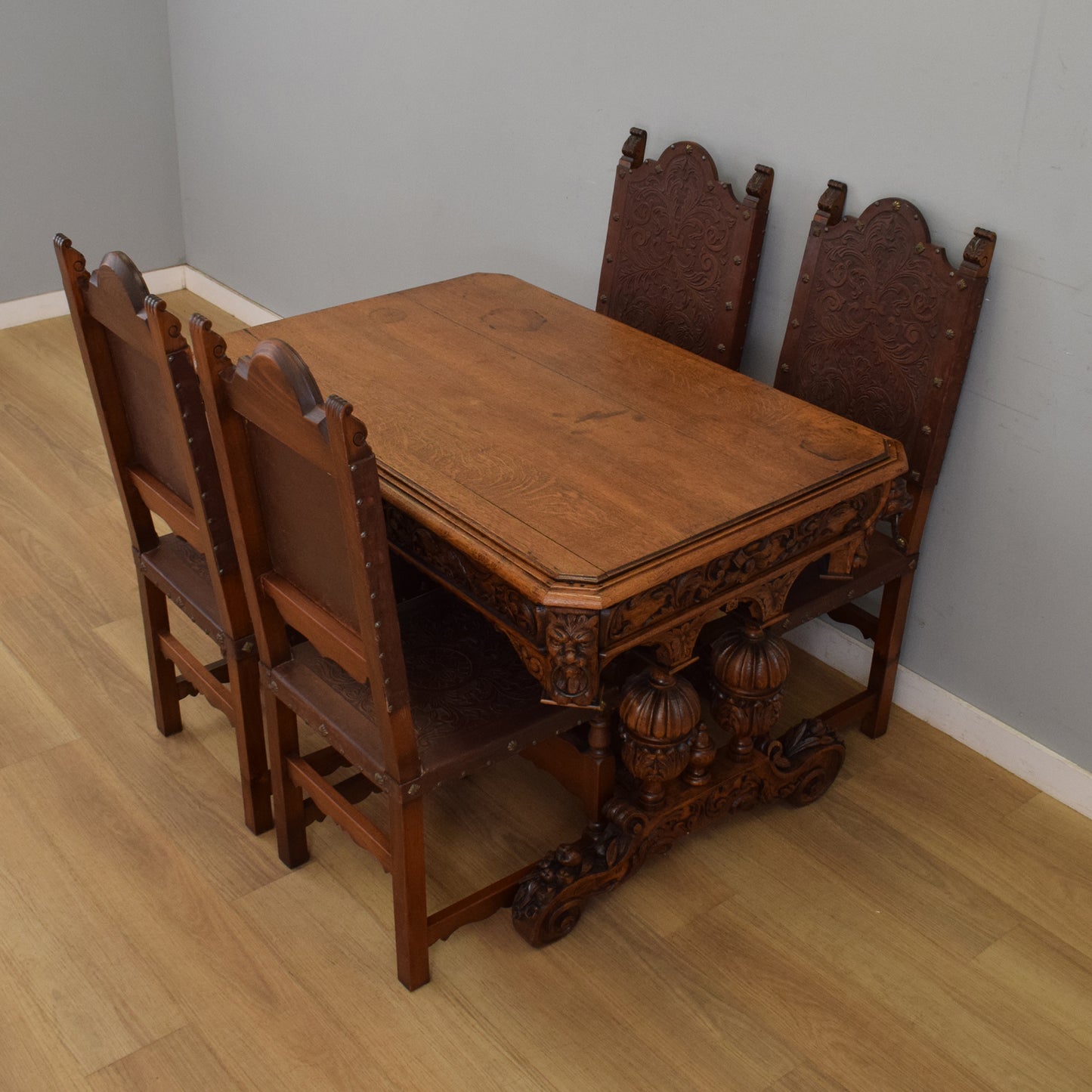 Carved Oak Table and Four Chairs