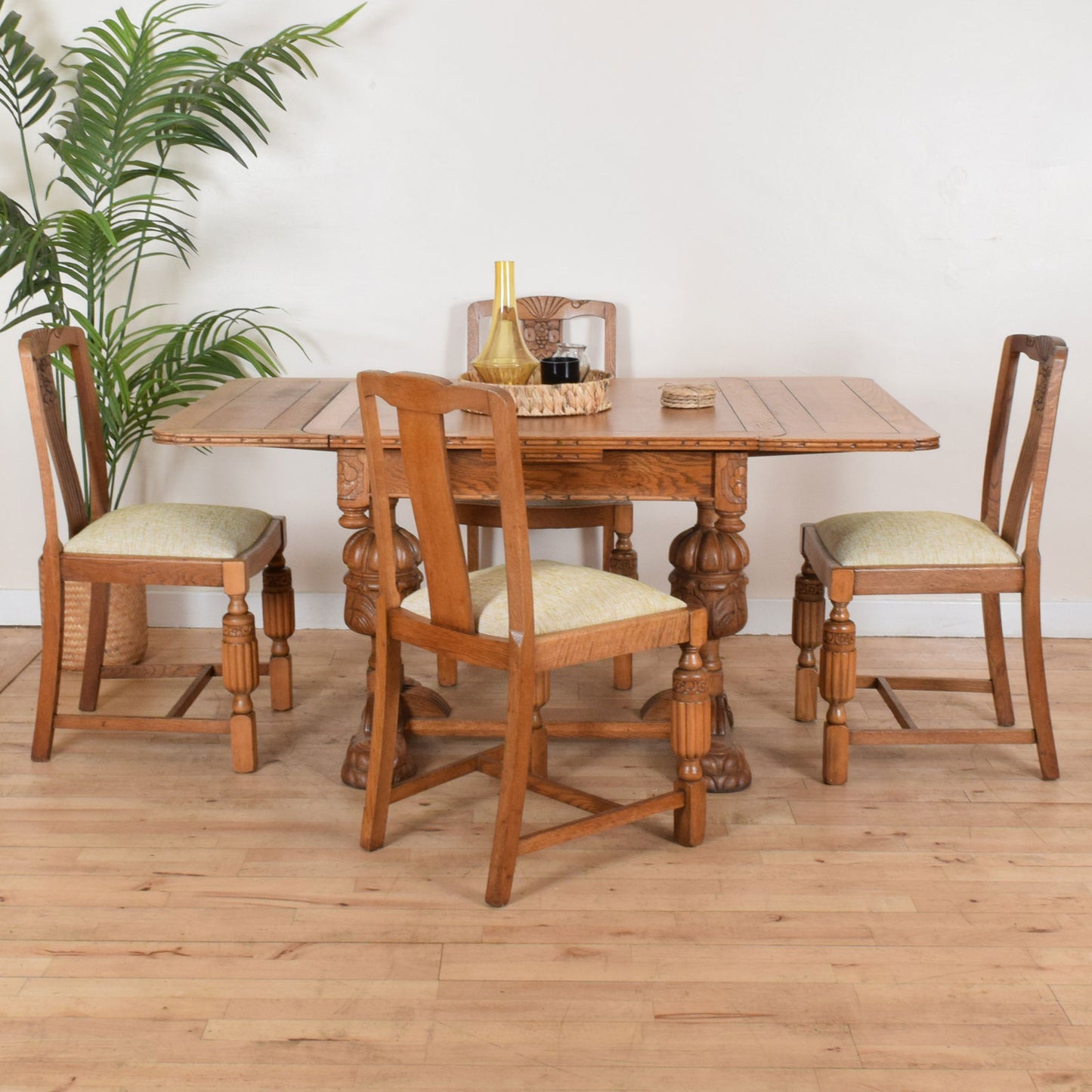 Carved Oak Draw Leaf Table and Four