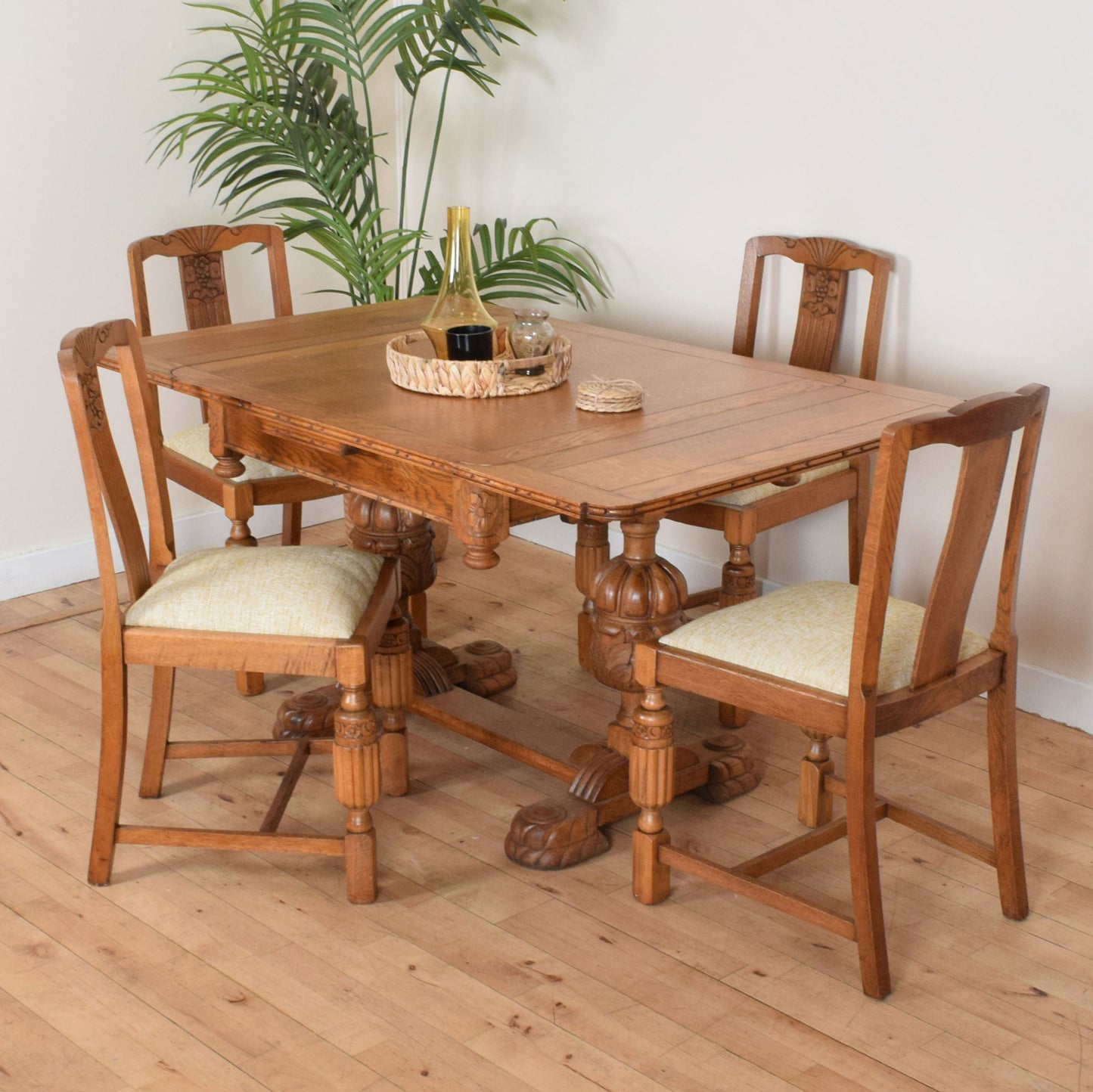 Carved Oak Draw Leaf Table and Four