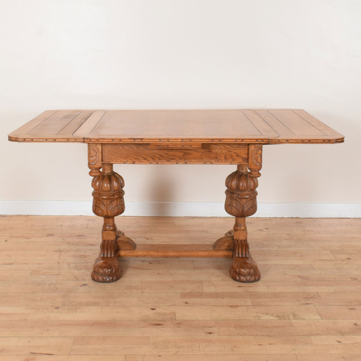 Carved Oak Draw Leaf Table and Four