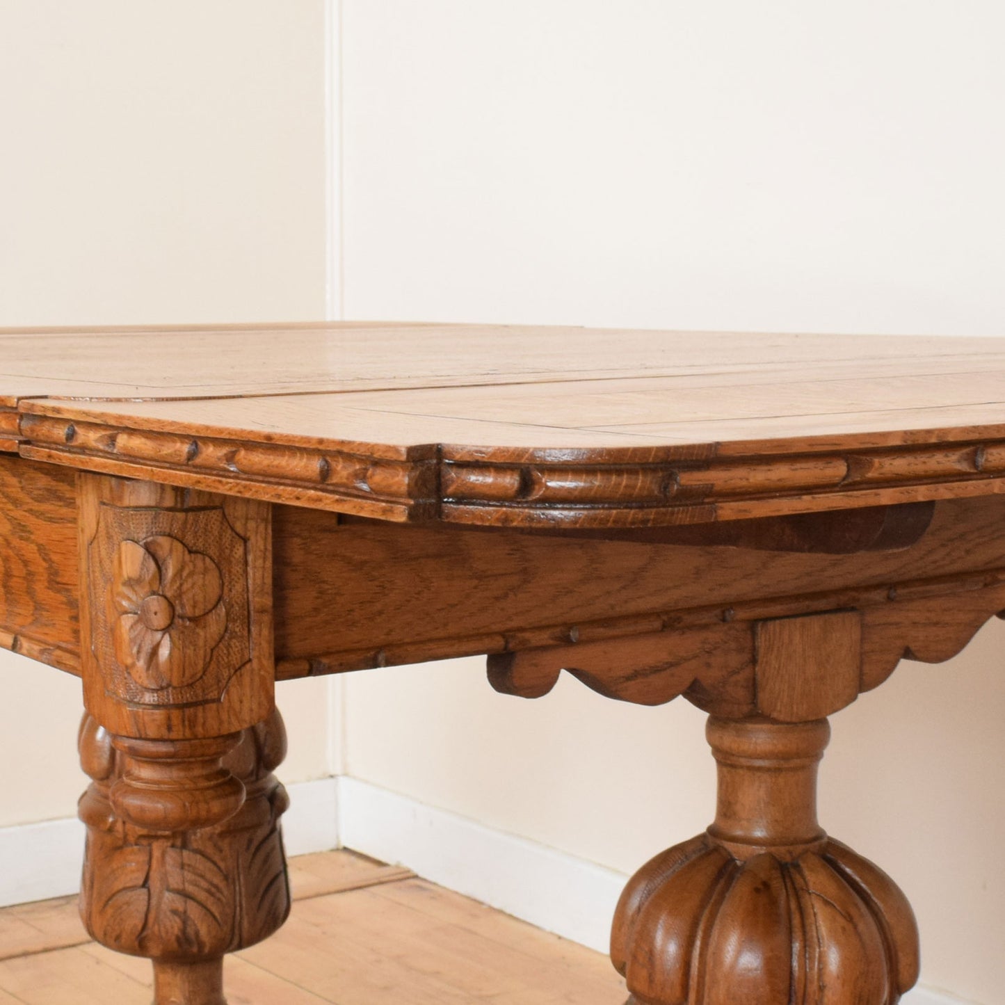 Carved Oak Draw Leaf Table and Four