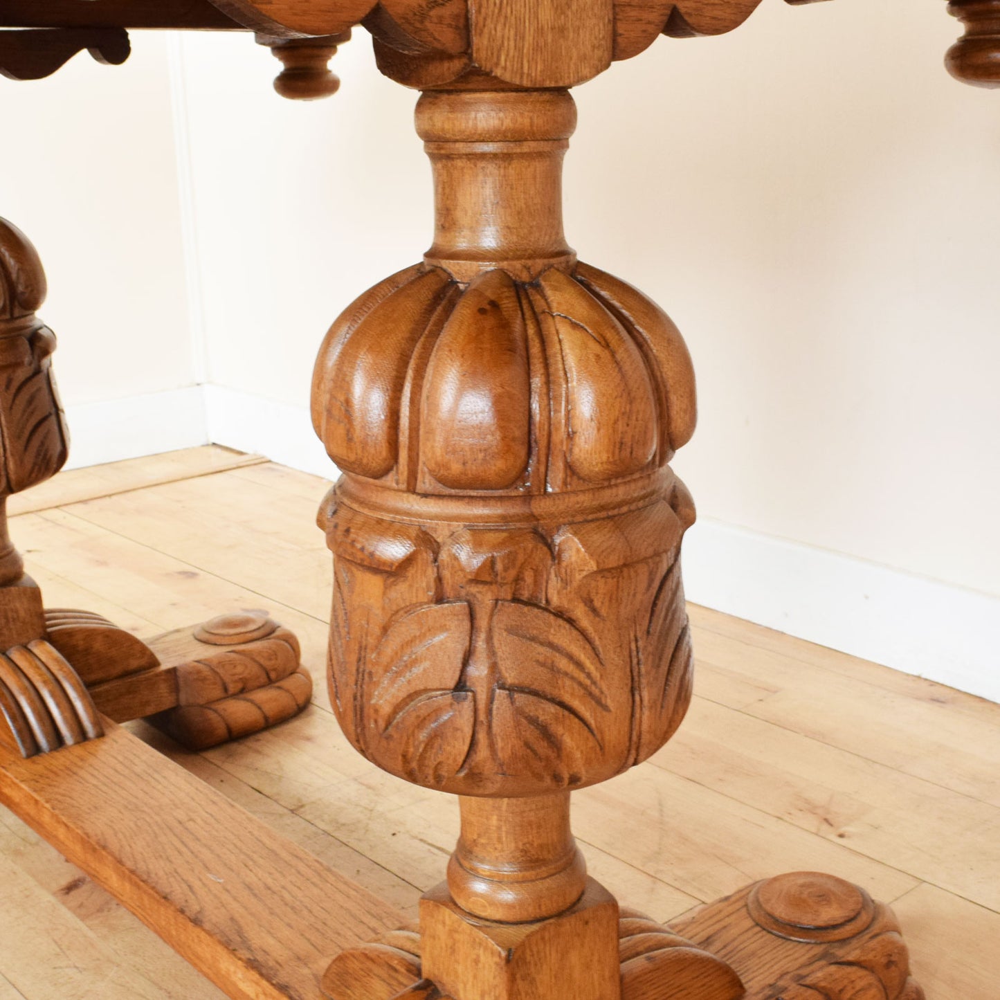 Carved Oak Draw Leaf Table and Four