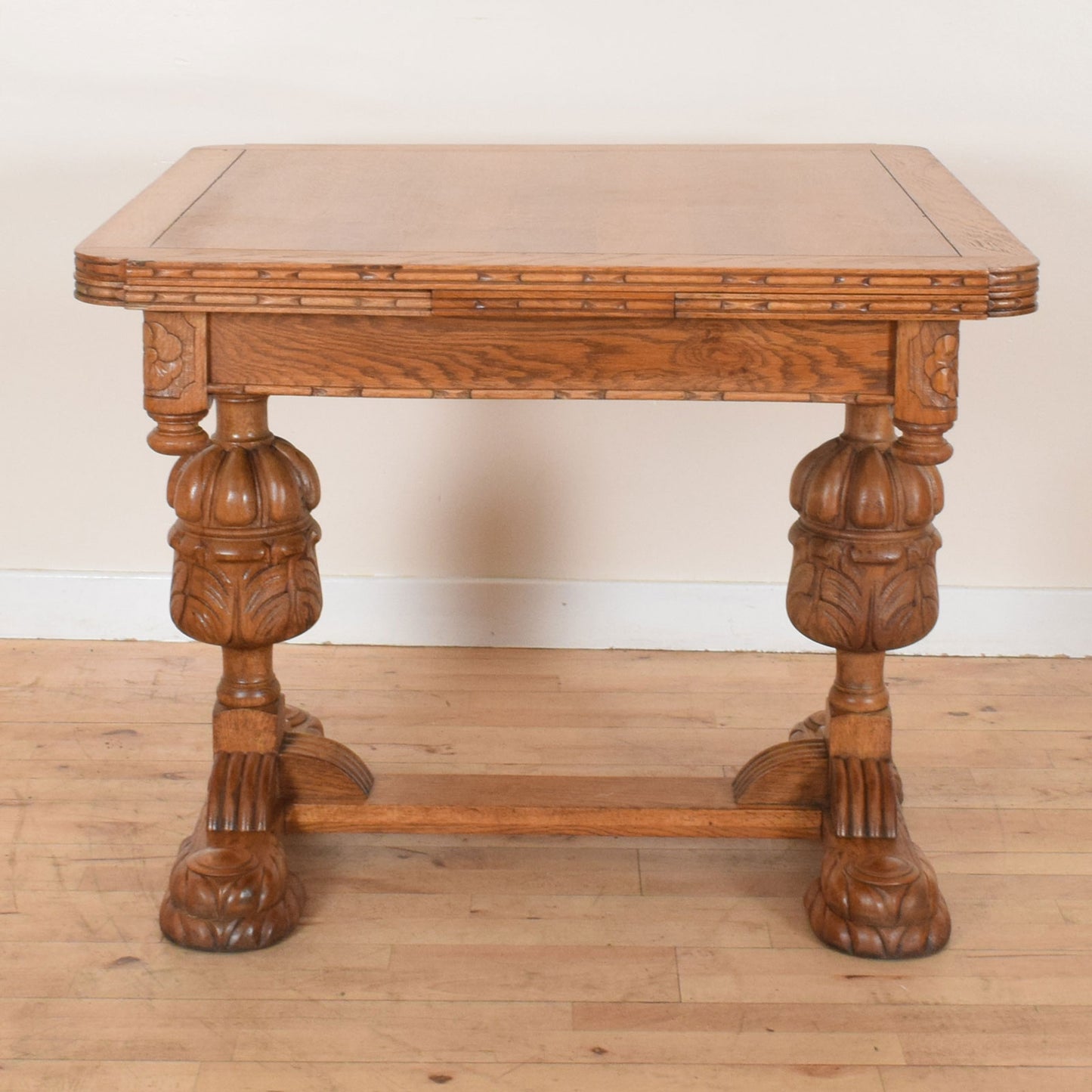 Carved Oak Draw Leaf Table and Four