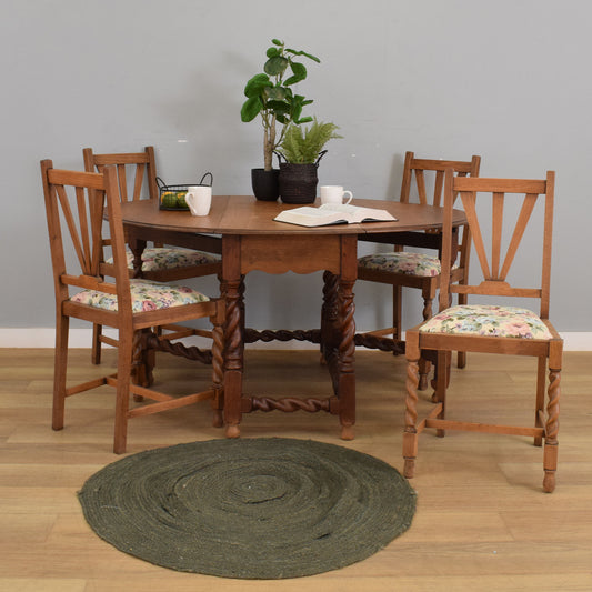 Oak Barley-Twist Drop Leaf Table and Four Chairs
