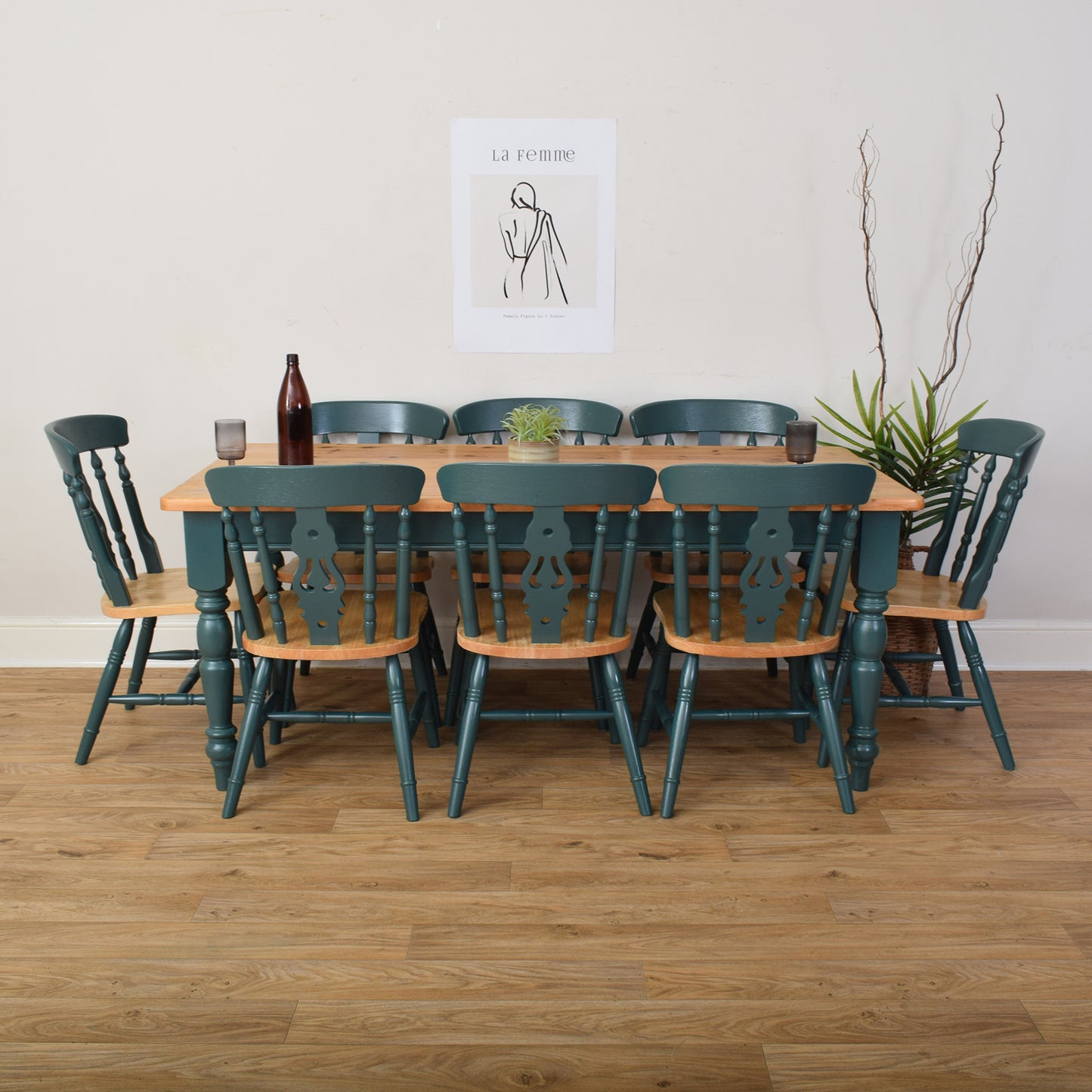 Painted Pine Table And Eight Chairs
