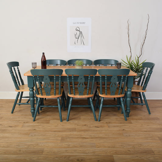 Painted Pine Table And Eight Chairs