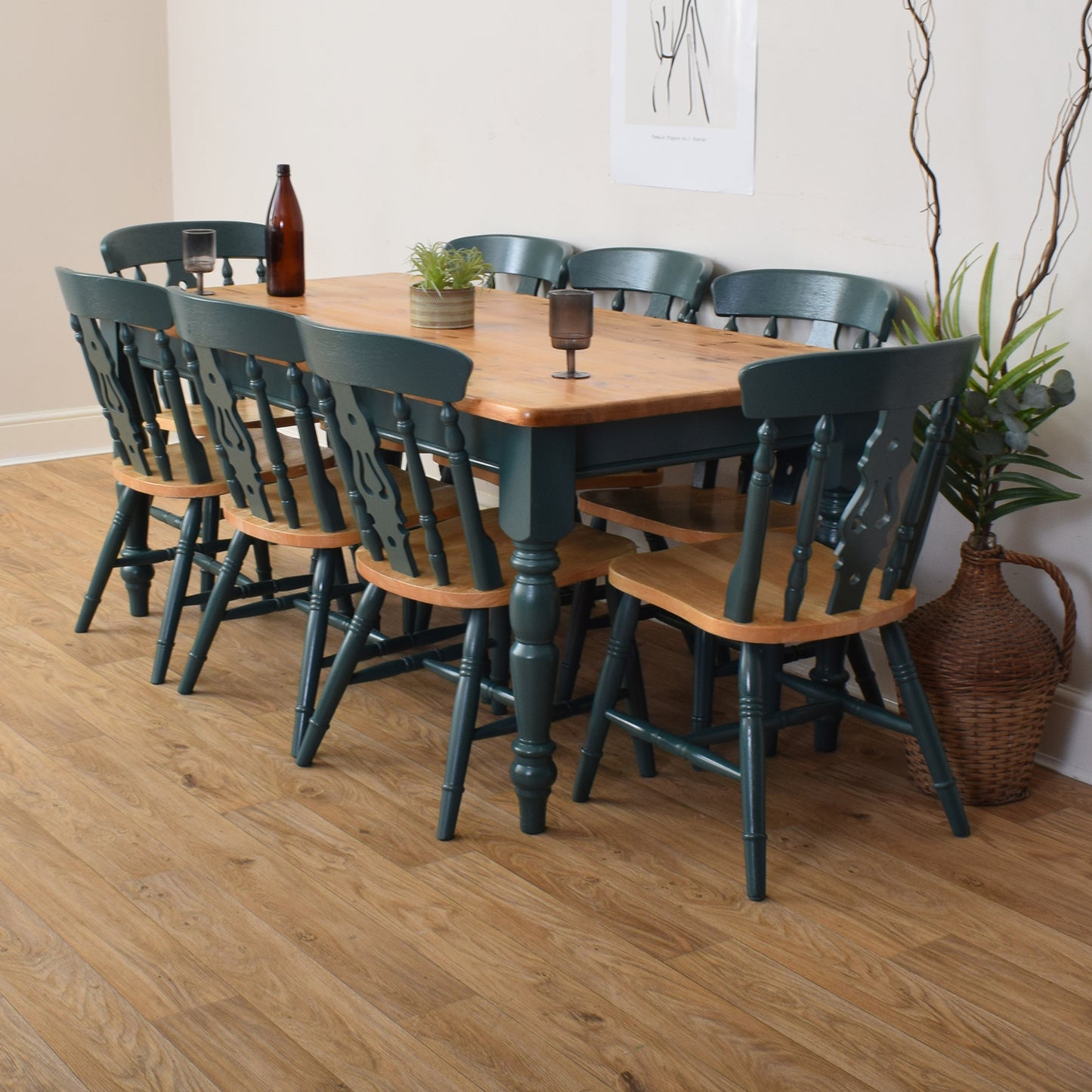 Painted Pine Table And Eight Chairs