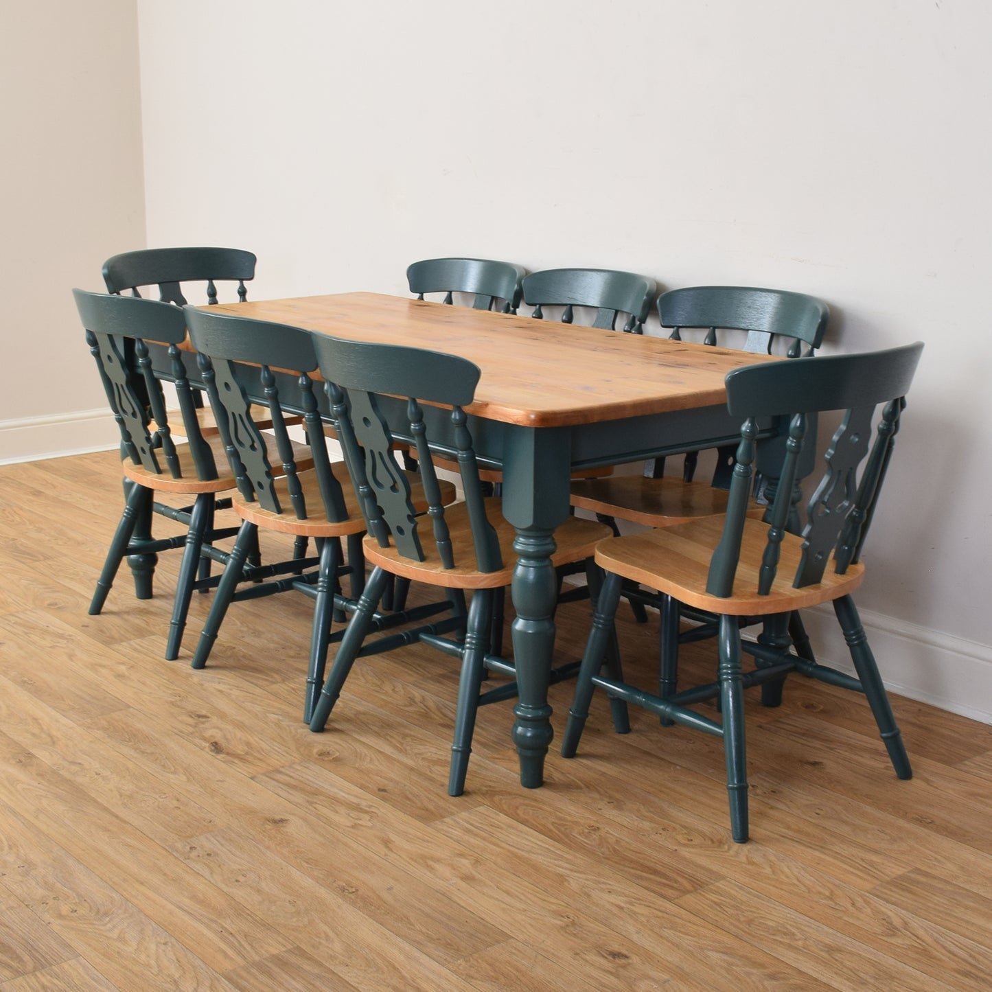 Painted Pine Table And Eight Chairs