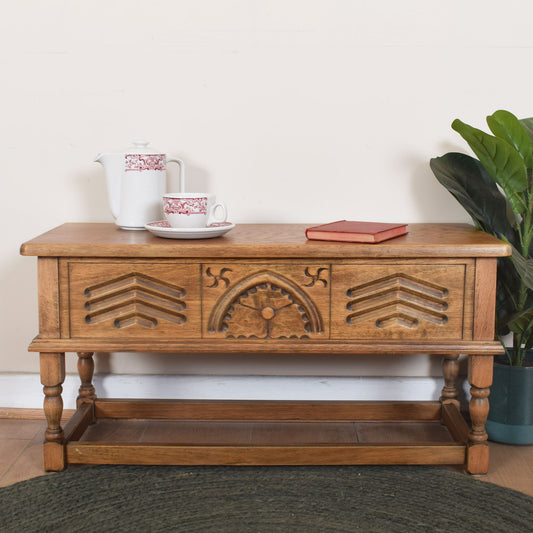 Carved Oak Side Table with Storage