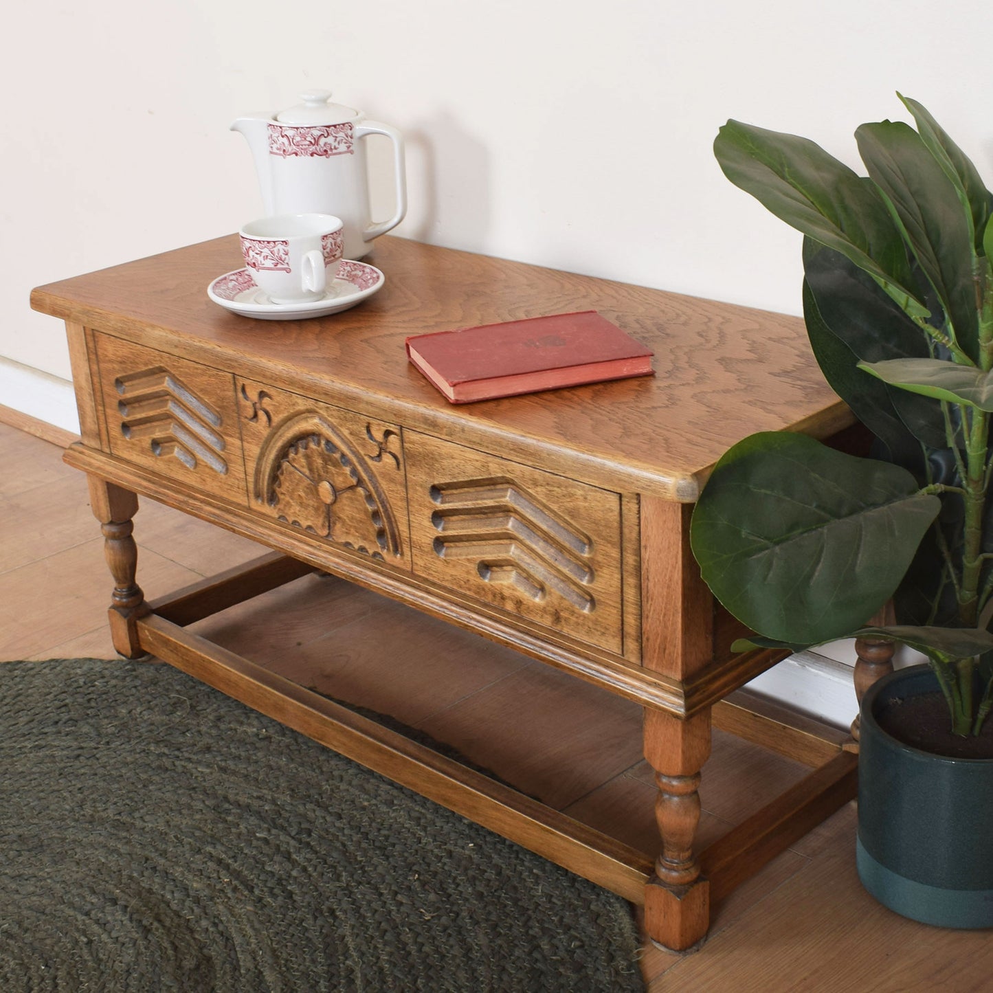 Carved Oak Side Table with Storage