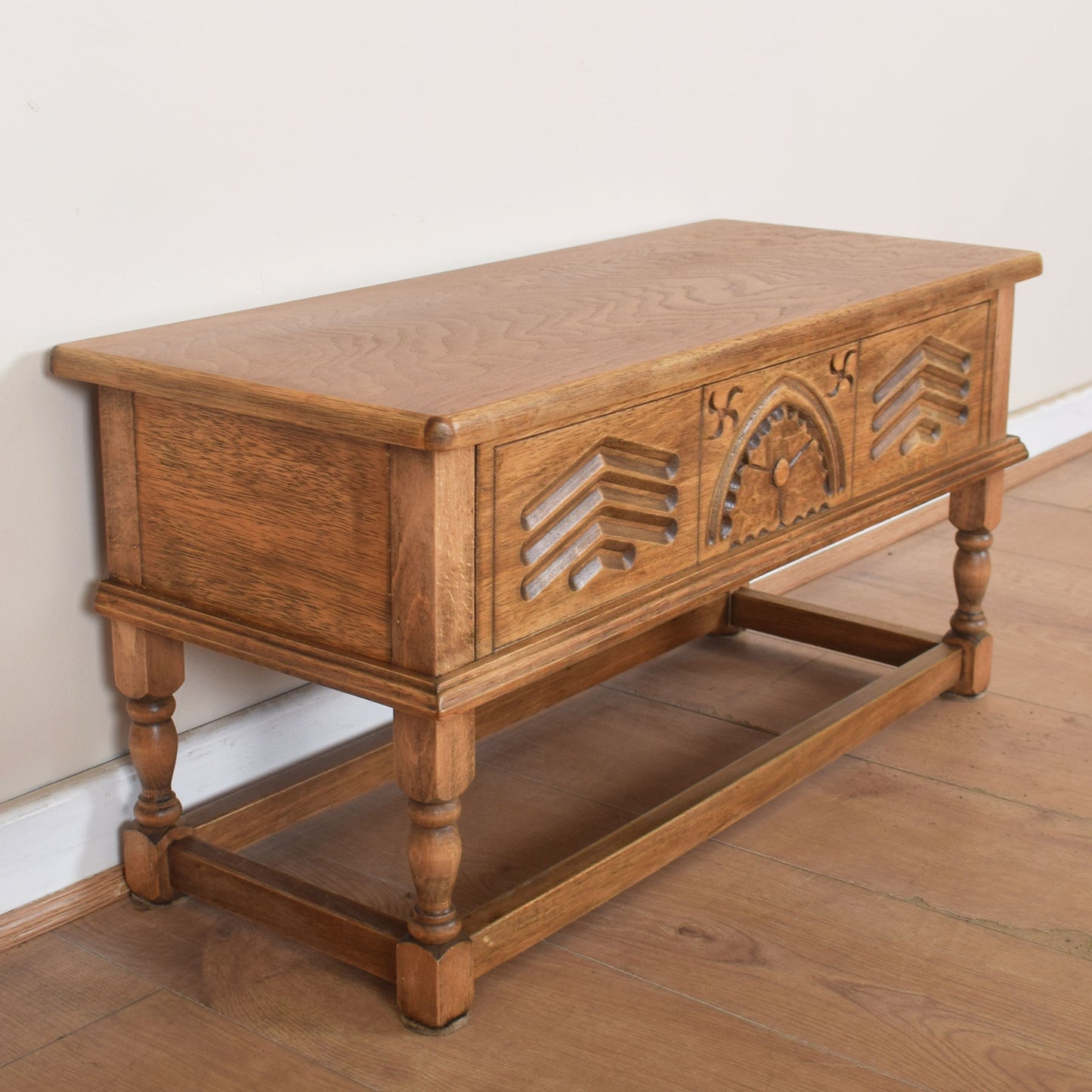 Carved Oak Side Table with Storage