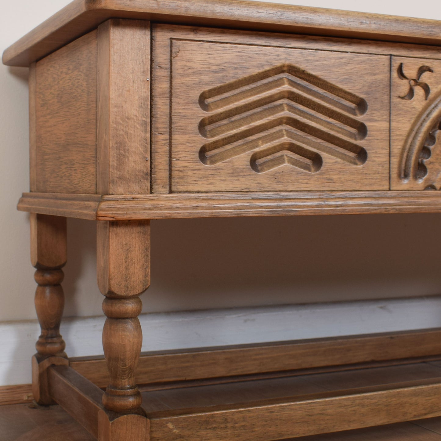 Carved Oak Side Table with Storage