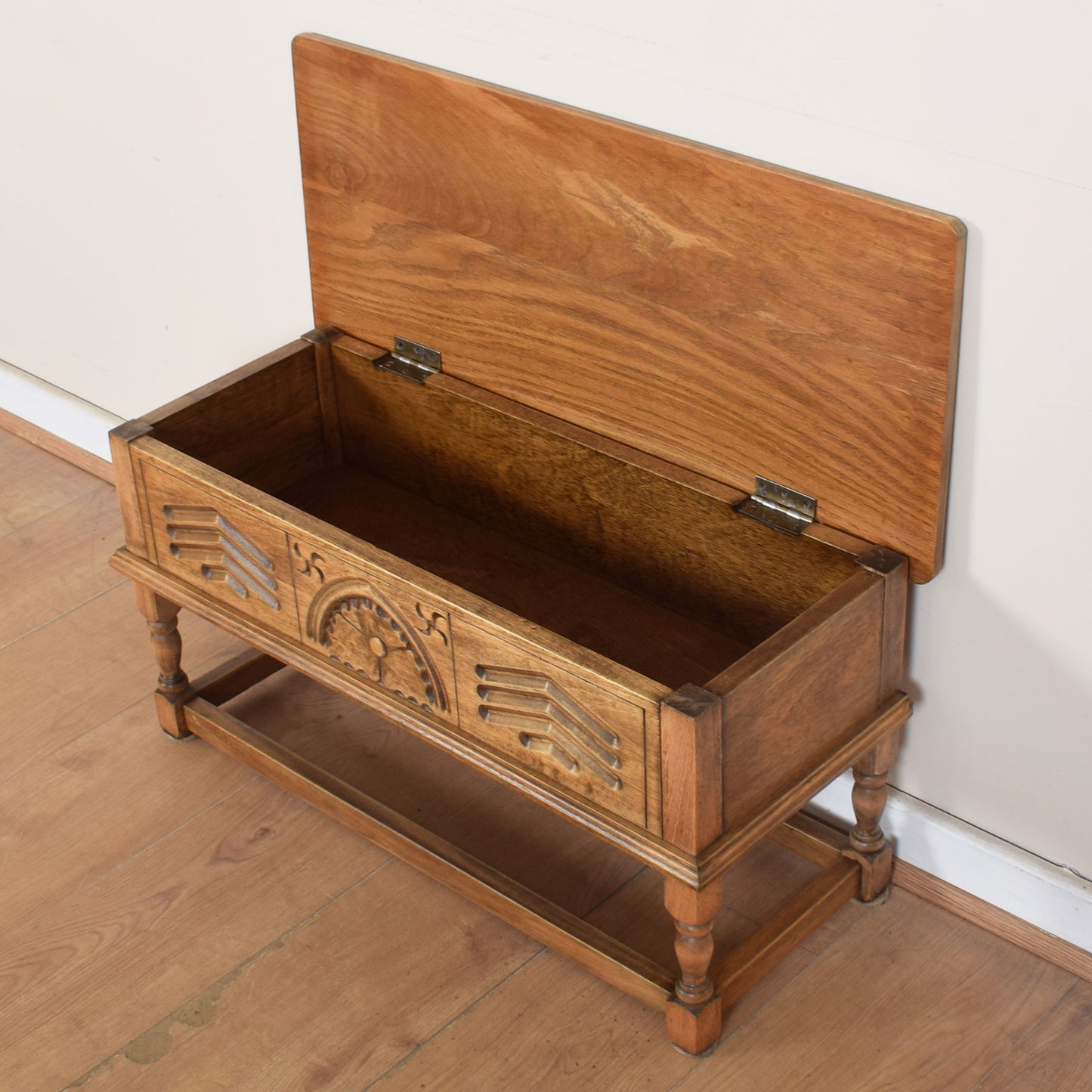 Carved Oak Side Table with Storage