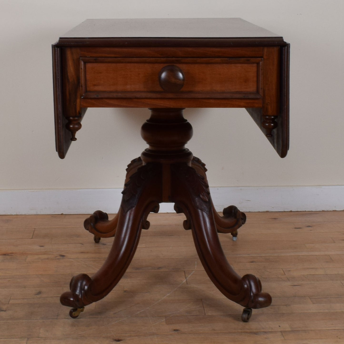 Carved Mahogany Regency Style Drop-Leaf Table and Two